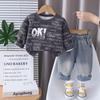 Roupas para Meninos Moda Primavera e Outono Manga Longa 2025 Novo Menino Estampa Completa Letra Ok Gola Redonda Conjunto de Duas Peças Roupas Modernas