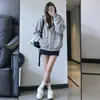 Conjunto casual de moda estilo americano para principios de otoño: sudadera con capucha azul marino, chaqueta con cremallera de corte relajado, cárdigan versátil de color liso