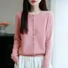 Cárdigan de lana pura, nuevo estilo otoño/invierno, suéter de cuello redondo, prenda exterior tejida de moda con botones de cristal, top abotonado fresco y colorido