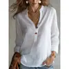 2026 Camisa Casual Transpirable Holgada de Cuello en V Semiabierto Estilo Old Money Europeo y Americano Cuello Alto Botón de Madera Manga Larga para Mujer