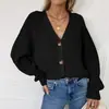 Colección de otoño/invierno 2026 para exportación europea y americana: suéter nuevo para mujer, cárdigan liso con cuello, mangas de farol y diseño de punto abotonado