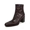 Botines cortos de piel de oveja auténtica para mujer con tacón alto grueso, nuevo estilo otoño e invierno, punta cuadrada, cremallera trasera, color liso, botines cortos de piel auténtica