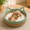 Cama para Gatos para Todas las Estaciones, Cama Refrescante de Verano, Duradera y Resistente a los Arañazos, Rascador para Gatos Tejido a Mano, Cama para Perros para Dormir de Paja Extraíble y Lavable
