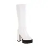 Botas femininas de outono e inverno estilo europeu e americano para boate, botas femininas de cano alto com plataforma de couro envernizado e salto grosso, dropshipping transfronteiriço
