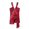 Para Comercio Exterior Transfronterizo Europeo y Americano Ropa de Mujer Aliexpress Venta Caliente Moda Vestido Satinado Color Rojo Vino Cuello en V Tirantes Cruzados