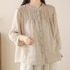 Camisa de Algodón y Lino de Manga Tres Cuartos con Cuello Mao de Estilo Casual para Mujer, Versátil Look Holgado Adelgazante Cárdigan Top Casual de Algodón y Lino