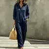 Conjunto Feminino de Duas Peças 2026 Casual Europeu e Americano Transfronteiriço, Gola Lapela, Meio Botão, Manga Longa, Cor Sólida, Estilo Preguiçoso, Calça Wide Leg