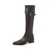 Modelo de pierna Botas Elegantes Sexy de Tacón Alto Ajustadas 2026 Invierno Tacón Medio Grueso Hebilla Punta Fina Elásticas Hasta la Rodilla Talla de Mujer 42 Talla Grande