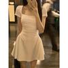 Verão Novo Estilo Hepburn Decote Quadrado Cintura Pequena Elegante Vestido Branco Slim-fit Justo Saia Linha A