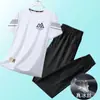 Traje Deportivo Delgado de Verano para Hombre, Pantalones Largos de Nueve Puntos, Camiseta Transpirable de Manga Corta de Seda Helada de Secado Rápido, Conjunto Casual de Dos Piezas