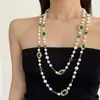 Collar Largo de Perlas de Lujo Ligero Estilo Francés para Mujer, Elegante y Gracioso Cristal Esmeralda Piedra Preciosa Cadena para Suéter Gargantilla