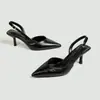 Sandalias Negras de Tira Cruzada Puntiagudas sin Talón con Pliegues, Tacón de Aguja con Hebilla, Estilo Temperamento para el Trabajo, al por Mayor, Europeas y Americanas