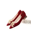 Deslumbrantes sapatos de casamento vermelhos estilo chinês Xiuhe, sapatos de noiva, sapatos femininos, saltos altos grossos, adequados para gestantes, novo modelo 2025