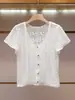 Coleção de verão feminina de alta qualidade de Shenzhen Nanyou: um novo cardigã de malha de manga curta, estilo francês, elegante e delicado, com decote em V, em crochê e com pontos vazados