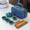 Juego de Té de Cerámica Dingyao con Una Tetera, Cuatro Tazas, Bandeja de Té, Bolsa Portátil, Set de Regalo de Lujo Ligero para Viajes Rápidos al Aire Libre