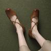 Zapatos Mary Jane de Cuero Genuino con Tira Cruzada, Punta Cuadrada, Estilo Ballet Temperamental, Nuevos Otoño 2023, Tacón Bajo, Piel de Vaca, Capa Única para Mujer