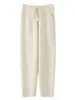Pantalones Casuales de Punto Grueso de Lana Pura para Mujer, Otoño e Invierno 2025, Color Sólido con Costura Central y Bolsillos, Pantalones Largos de Corte Ajustado
