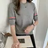 Nueva Camiseta de Punto Tricolor de Algodón Puro Estilo Universitario Cuello Redondo Manga Corta Estilo Verano Moda Simple para Mujer