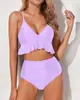 Bikini 2025 Nuevo Bikini de Dos Piezas Color Sólido Volantes Divididos Cintura Alta Bikini de Amazon