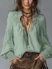 Nuevo Top Transfronterizo Estilo Europeo y Americano Otoño 2026 con Bordes Volantes, Cuello en V, Mangas de Farol de Encaje, Camisa Retro Holgada de Manga Larga