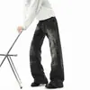 Jeans boca de sino lavado com estampa de raio estilo americano para mulheres, calça casual reta de outono com caimento solto e visual desgastado