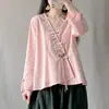 Camisa estilo retrô, abotoada, de algodão, com bordado chinês, gola assimétrica, Hanfu modernizado, novo vestido de chá, modelagem solta, top cardigã artístico