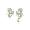 Brincos de tarraxa elegantes Dongdaemun Coreia do Sul feminino agulha de prata S925 pingente de laço totalmente cravejado de diamantes brincos de luxo leve
