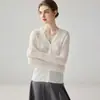 Suéter de tricô 100% caxemira pura, estilo francês, decote V em renda delicada, cardigã feminino de manga longa, efeito emagrecedor, cor sólida