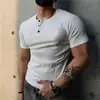 2x 2 Camiseta Henley de Algodão com Fio Grosso Camiseta de Manga Curta Justa Cor Sólida Algodão Camiseta Pesada Masculina Slim Fit Top Esportivo Gola V