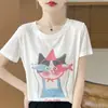 Camiseta de manga corta de Lyocell con estampado de gato en bloques de color, diseño moderno de color contrastante, top holgado casual elegante estilo coreano para mujer