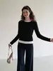 Elegante top de punto retro de bloques de color, imitación de dos piezas para mujer, camiseta de manga larga con cuello redondo para principios de otoño, ideal para capas