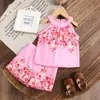 Conjunto Feminino Transfronteiriço Roupa Infantil 2026 Primavera e Verão Nova Moda Estampado Gola Halter Regata Sem Mangas Shorts Casuais Duas Peças