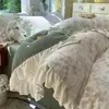 Estilo Princesa de Inverno Renda Roupa de Cama Leite Fleece Conjunto de Quatro Peças Capa de Edredom Fleece Dupla Face Conjunto de Lençóis Fleece Coral Plus