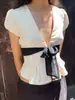 Verão Novo Estilo Elegante Cinto para Marcar a Cintura Laço Mangas Bufantes Manga Curta Plissada Blusa Feminina Camiseta Atacado
