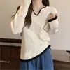 Suéter de Punto con Bloques de Color y Cuello en V de Manga Larga para Mujer, Ropa para Mujer de Tallas Grandes para Primavera y Otoño, Corte Holgado, Adelgazante, Top que Cubre el Vientre, Camiseta Base