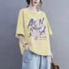 Lightning Warehouse Camiseta de Algodão Verão 100kg Plus Size Manga Curta Caimento Solto Cobre a Barriga Modeladora Top Estampado para Mulheres