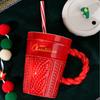 Taza Navideña Americana Papá Noel Árbol de Navidad Cerámica Taza de Regalo con Tapa y Pajita para Hombres y Mujeres Taza para Parejas