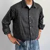 Camisa Xadrez Escovado Retro Americana Feita na Fábrica, Gola Reversível, Manga Longa, Corte Solto, Camisa Casual de Trabalho Estilo Japonês, Tendência