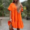 2024 Amazon Novo Verão Europeu e Americano Feminino Transparente Doce Casual Decote em V Plissado Vestido de Cor Sólida