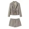 Atacado Transfronteiriço Moda Europeia e Americana Padrão Pied-de-Poule Primavera e Outono 2026 Conjunto de Terno com Cinto + Shorts para Mulheres B129761