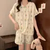 Pijama de Algodón Nube para Mujer, Verano Delgado de Manga Corta y Shorts, Rayas Dulces de Dibujos Animados, Conjunto Holgado de Ropa para el Hogar Estudiantil