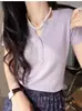 Tejido de Punto de Lana de Seda Nuevo Estilo Coreano Retro de Manga Corta para Mujer, Corte Ajustado, Top Versátil y Elegante para Verano