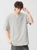 Camiseta única com gola Henry de manga curta para homens, conjunto de duas peças de verão com caimento solto, manga meia-manga, top moderno estilo japonês