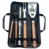 Juego de Herramientas para Parrilla Cuadradas con Mango de Madera con Patrón de Madera de Acero Inoxidable 410 para Cena Familiar de Campamento con Tenedor para Brochetas, Espátula, Brocha para Aceite y Cepillo Limpiador