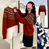 Suéter Fair Isle Retro Otoño Invierno Mujer Holgado de Gama Alta Jacquard Grueso Cuello Redondo Jersey Tejido de Lana Espeso