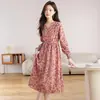 Vestido Longo de Outono Feminino Slim Estilo Francês de Alta Qualidade Acinturado Rosa Floral