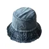 Chapéu de pescador jeans vintage lavado com borda desfiada estilo japonês para homens e mulheres, adequado para o trajeto diário, faz o rosto parecer menor, chapéu bucket casual versátil