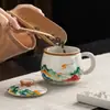 Caneca de cerâmica retro estilo chinês Dunhuang, presente de luxo leve para feriado, separação de chá e água com tampa, copo de escritório