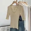 Top de punto fino estilo coreano para mujer, cuello en V, color albaricoque, corte ajustado, manga media, 2026 Nuevo, Top base de manga corta