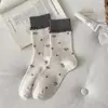 Calcetines decorativos grises y rosas de otoño e invierno para mujer, calcetines lindos de media pantorrilla para niñas, estilo coreano con lazo y rayas